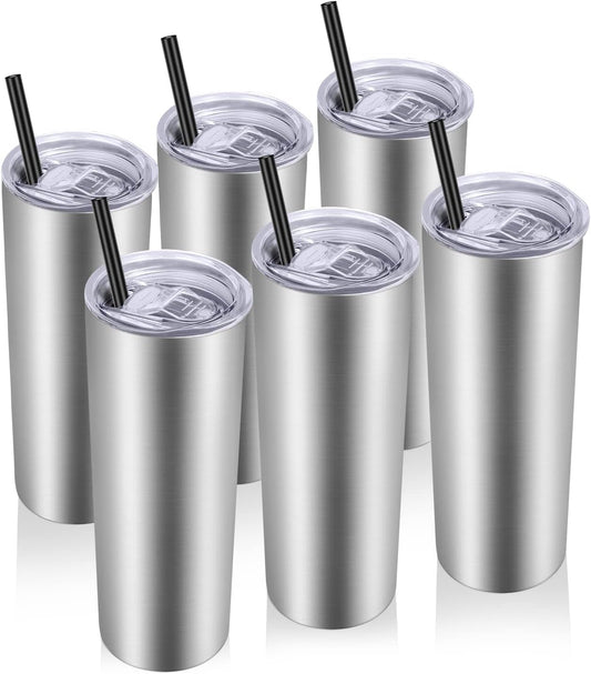 VEGOND Stainless Steel Tumblers Bulk 6 Pack, 20 oz Vacuum Insulated Skinny Tumblers with Lid and Straw, Double Wall Coffee
