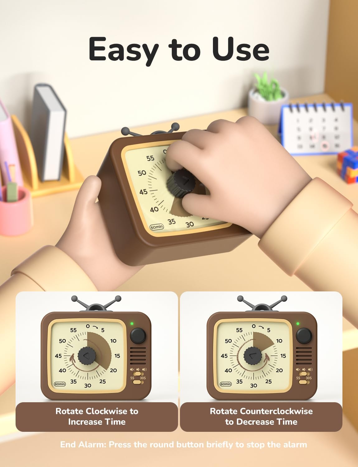 LIORQUE Visual Timer for Kids with Pause, 60 Minute Countdown Timer, Brown | Non-Ticking, 3 Volume Levels, Back Magnetic, Two Ringing Durations, Light Indicator, for Classroom Kitchen Office ADHD