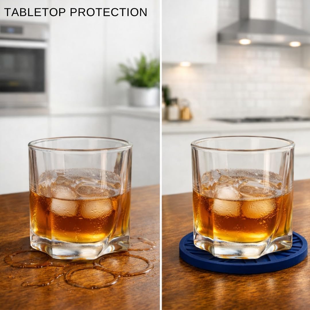 Navy Blue Coasters Set of 6 - Non-Slip Table Coasters for Drinks with Groove Patterns &amp; Gold Holder 4", 0.23"