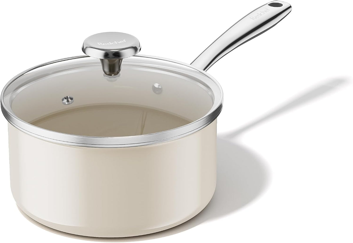 Redchef Ceramic Sauce Pan with Lid, 2.5QT Nonstick Saucepan, Beige White
