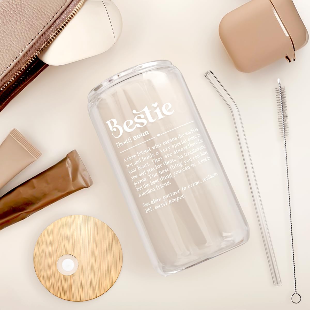 SANDJEST Best Friend Glass Can, Besties Definition Cup with Lid &amp; Straw, Iced Coffee Aesthetic Cups, Gift for Christmas Birthday Mother Day, Gifts for Women Friends Sisters, 16oz