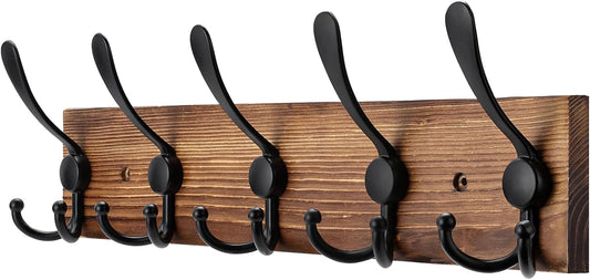 Coat Rack Wall Mount Wooden Hat Rack for Wall Hooks Pine Real Wood Plank 16.9" Brown Coat Hanger with 5 Triple Hooks for