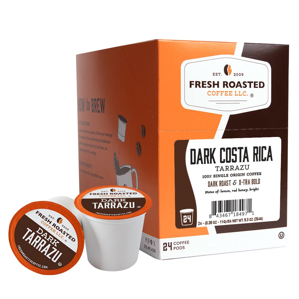 Fresh Roasted Coffee, Dark Costa Rica Tarrazu K-Cup Pods for Keurig Brewers, Med-Dark Roast, Kosher, 24 Count (Pack of 1)