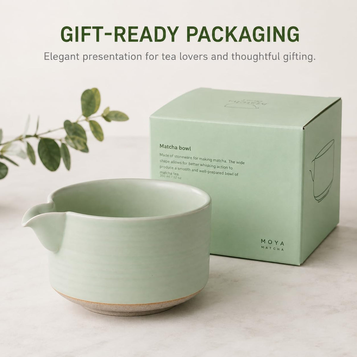 Matcha Traditional Porcelain Tea Bowl with Pour Spout - Hand Made Porcelain with Light Green Matte Glaze - Perfectly Whisked Matcha Green Tea, 430ml/ 14.5oz