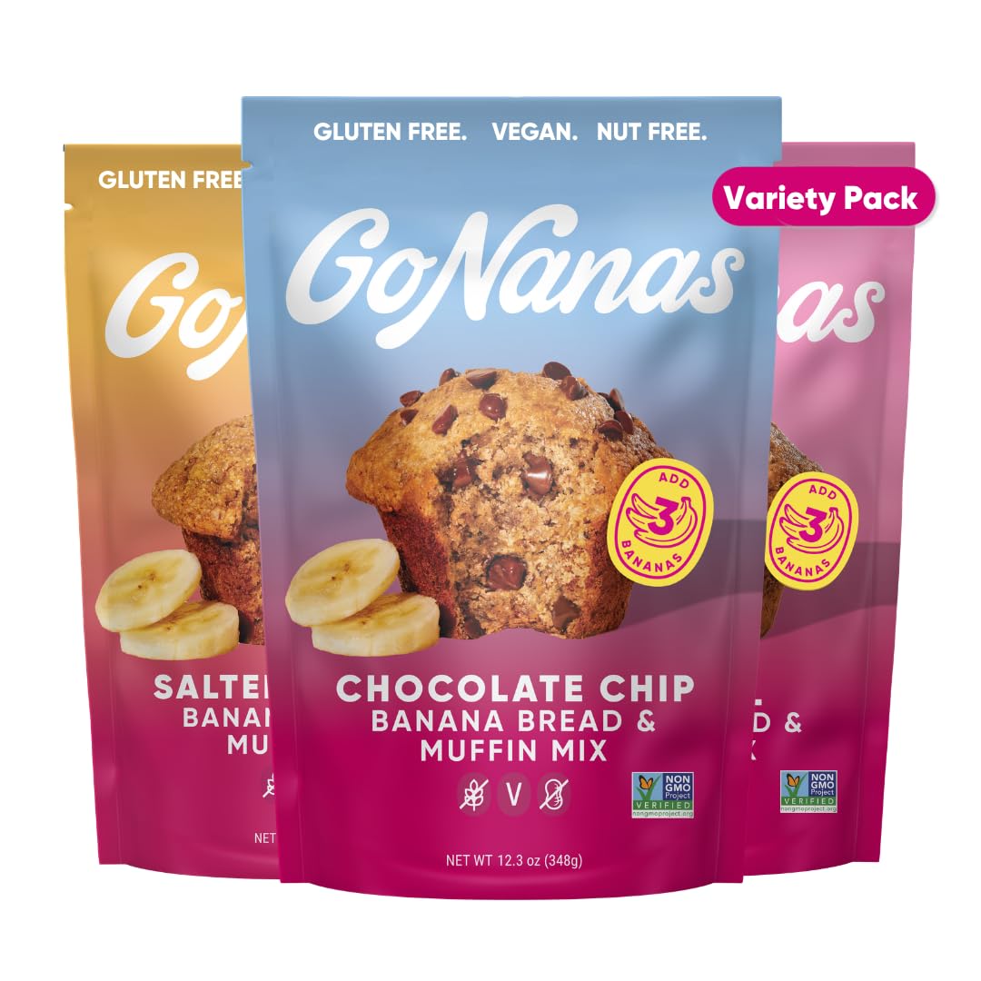 GoNanas Variety Pack Banana Bread &amp; Muffin Mix, Gluten Free, 3 Pack | Salted Caramel, Chocolate Chip &amp; Original | Dairy Free, Nut Free, Soy Free | Allergen Friendly | Better for You | Women-Owned