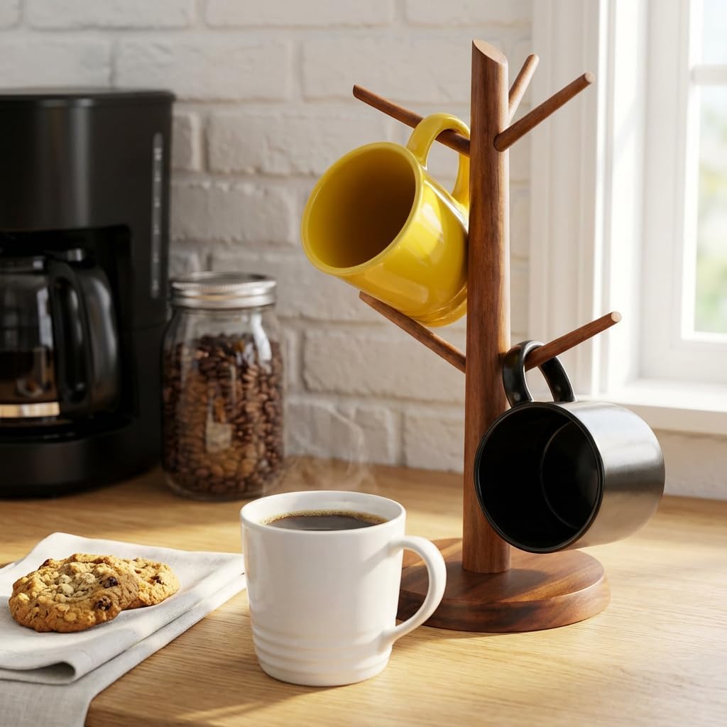 Acacia Wood Coffee Mug Tree Holder Countertop with 6 Hooks