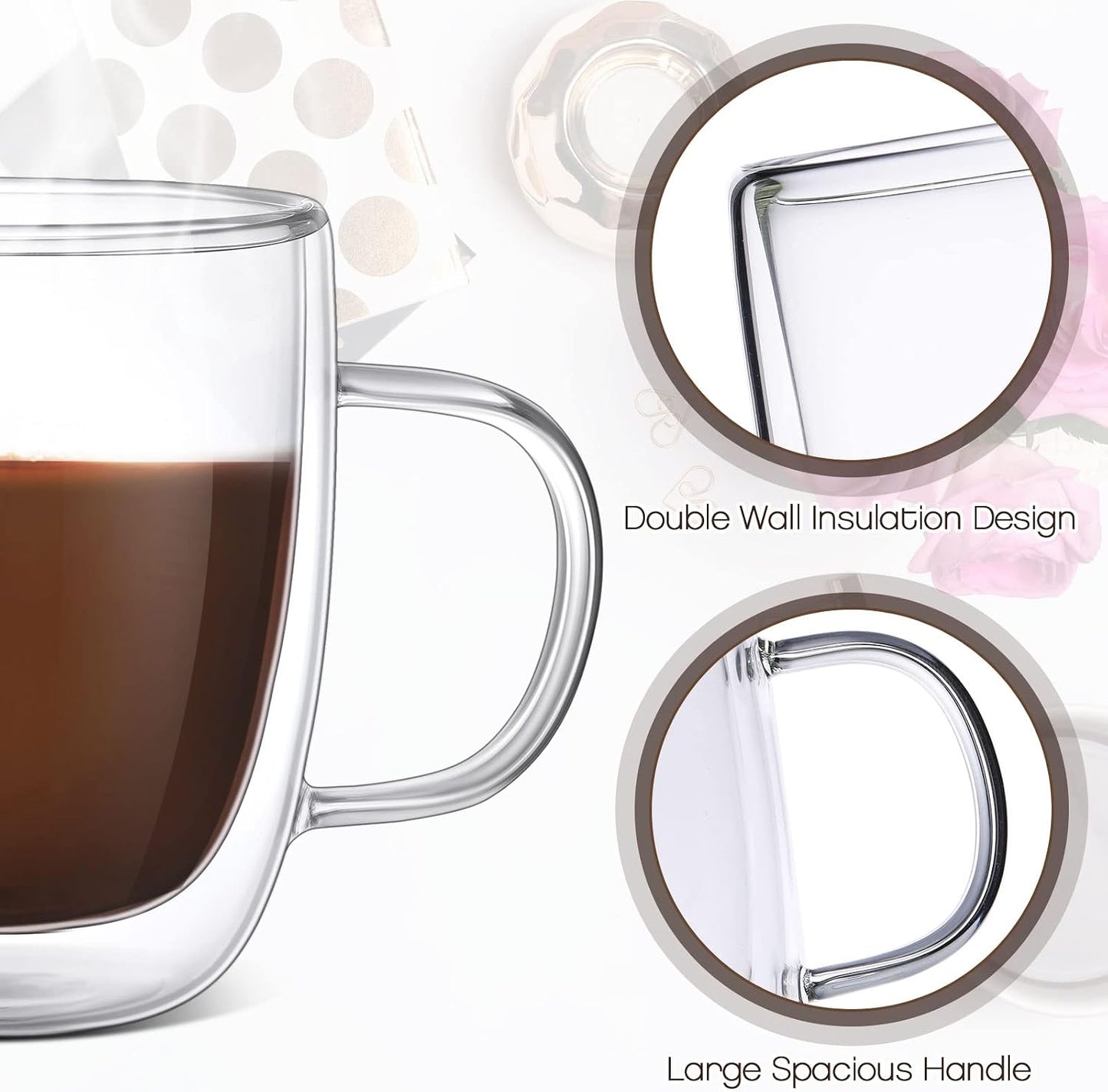 Gerrii Espresso Cups Double Walled Espresso Shot Glass with Handle Cups Insulated Clear Small Shot Glasses for Cappuccino Latte Hot Beverage (12 oz,Flat Bottom,8 Pcs)