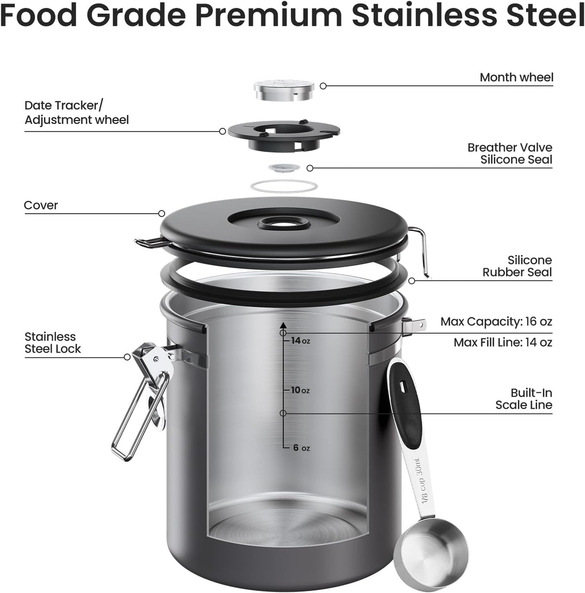 Veken Coffee Canister, Airtight Stainless Steel Food Storage Container,16OZ | Date Tracker, Kitchen Jars for Beans,Ground, Espresso, Rice,Tea, Sugar,Cereal,Cookie, Bar Accessories,Gifts, Lids, Scoop,Gray