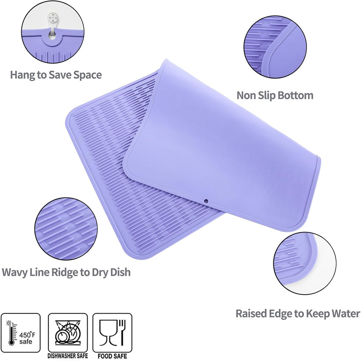 Silicone Dish Drying Mat for Multiple Usage,Easy clean,Eco-friendly,Heat-resistant Silicone Mat for Kitchen Counter or Sink,Refrigerator or Drawer Liner Light Purple 4XL 32 inches x 18 inches