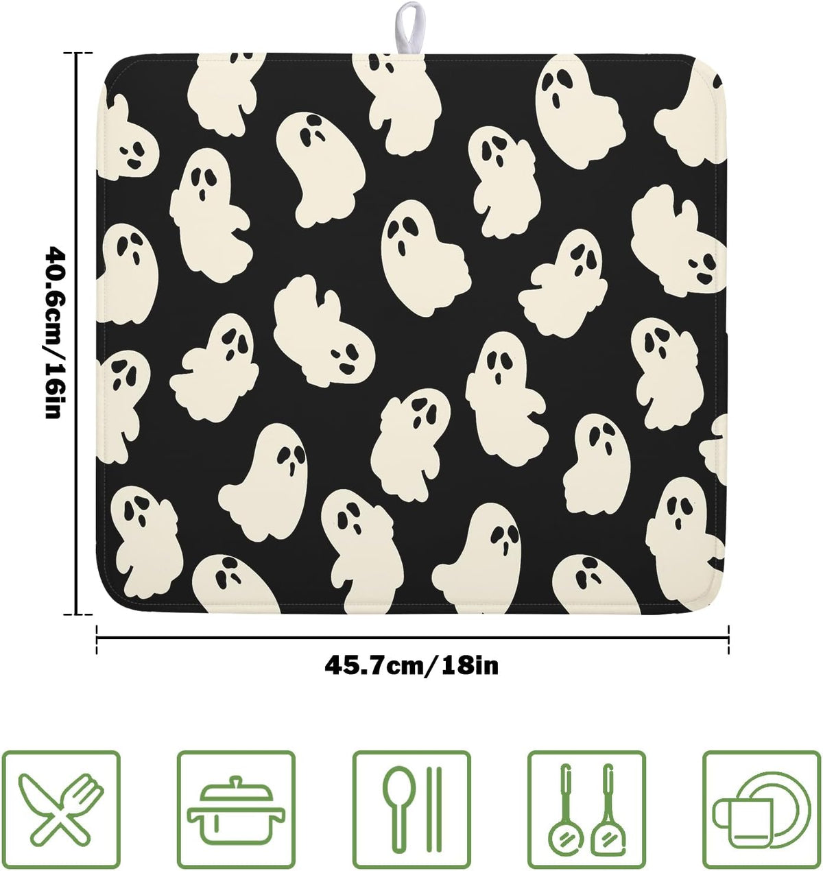 Halloween Ghost Dish Drying Mat 16X18 Inch Spooky Halloween Drying Mat for Kitchen Counter Black White Absorbent Microfiber