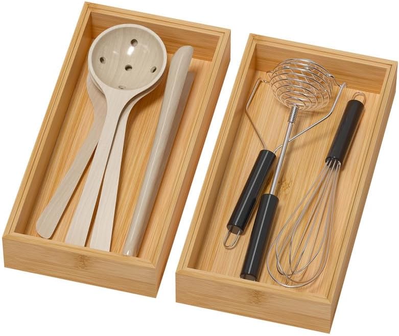 Lixple Bamboo Kitchen Drawer Organizer, 2 Pack, 12" x 6" x 2"