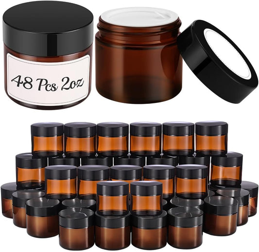 2 oz Small Glass Jars with Lids, Bumobum 48 pack Round Amber Glass Candle Jars with Black Lids, White Labels & Inner Liners,