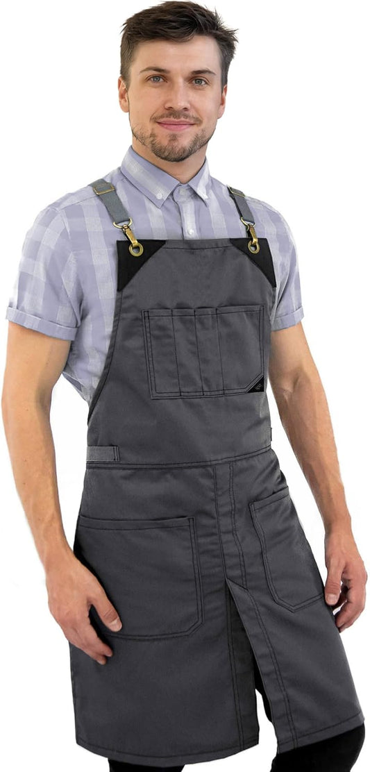 Under NY Sky Cross-Back Slate Gray Apron - Durable Denim with Leather Reinforcement and Split-Leg - Adjustable for Men and