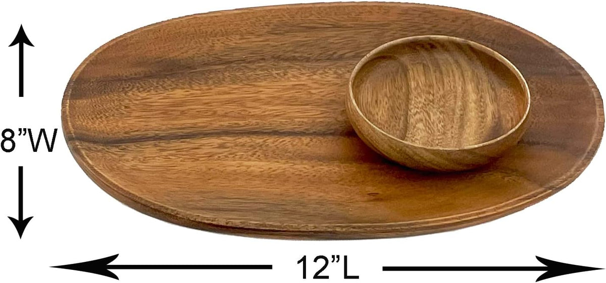 Woodard &amp; Charles Acacia Wood 12" Oval Tray with Dip Bowls, 8 Piece Set | 4 Acacia Wood Serving Trays and Bowls; Serve Appetizers, Sandwiches and Hors d'Oeuvres. Ideal for Parties and Entertaining