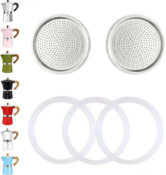 2 Pcs Filter with 3 Pcs Silicone Gasket Seals for 12 Cup 14 Cup Stovetop Espresso Coffee Maker Replacement Parts Aluminium