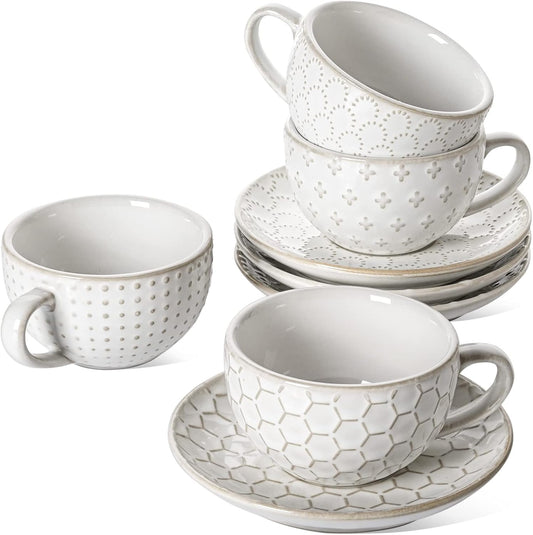 LE TAUCI Cappuccino Cups with Saucers 6 oz, Ceramic Embossment Coffee Cup for Au Lait, Double shot, Latte, Cafe Mocha, Tea,