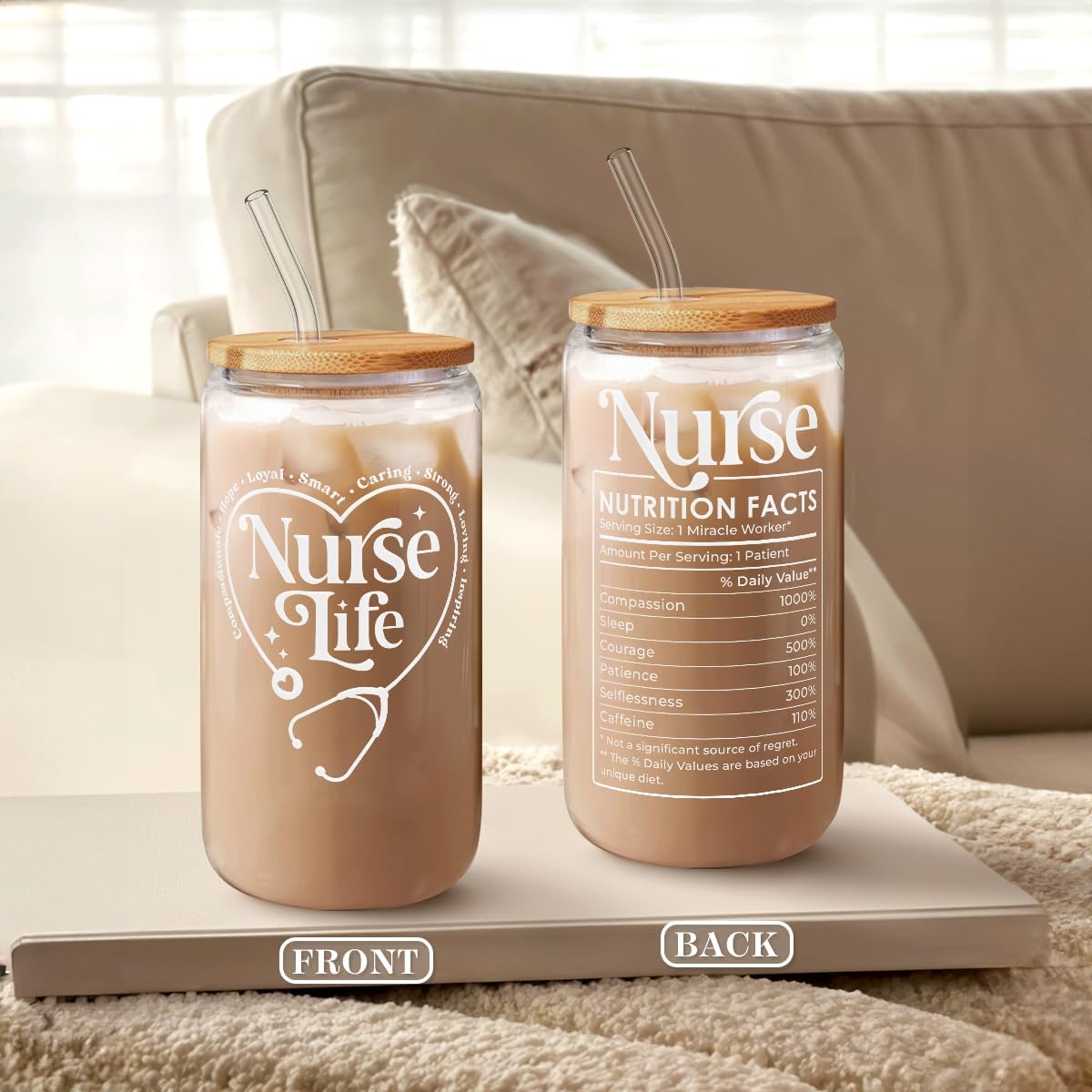 SANDJEST Nurse Life Glass Can Cup with Lid &amp; Straw, Iced Coffee Aesthetic Cups, Idea Gift for Christmas Birthday Mother Day Nurse Week, Gifts for Women Friends, 16oz