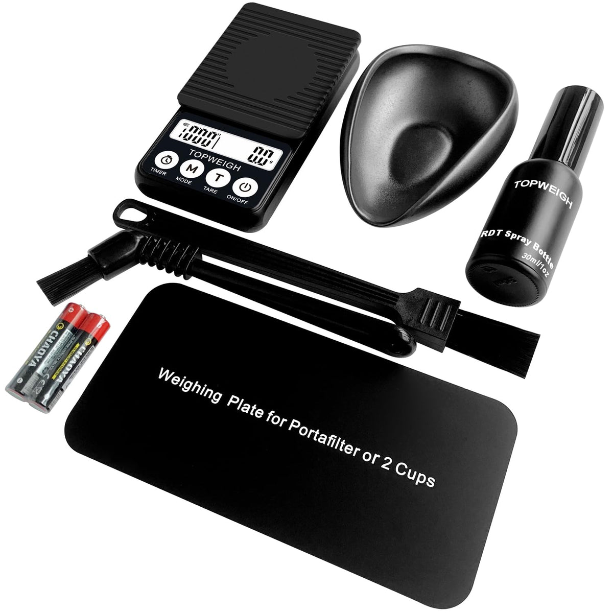 Waterproof Espresso Scale Kit, 1000g x 0.1g, Portafilter Weighing Plate, Coffee Bean Dosing Cup, Spray Bottle, RDT Tool Set, Barista Cleaning Brushes &amp; Batteries Included