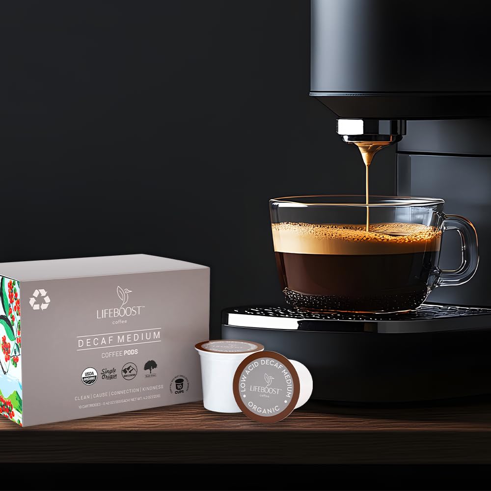 Lifeboost Organic Decaf Coffee K Cups - Low Acid Single Origin Non-GMO Mold Free Decaf Coffee Pods Compatible with Keurig &amp; Keurig 2 - Third Party Tested for Mycotoxins and Pesticides - 10 Count