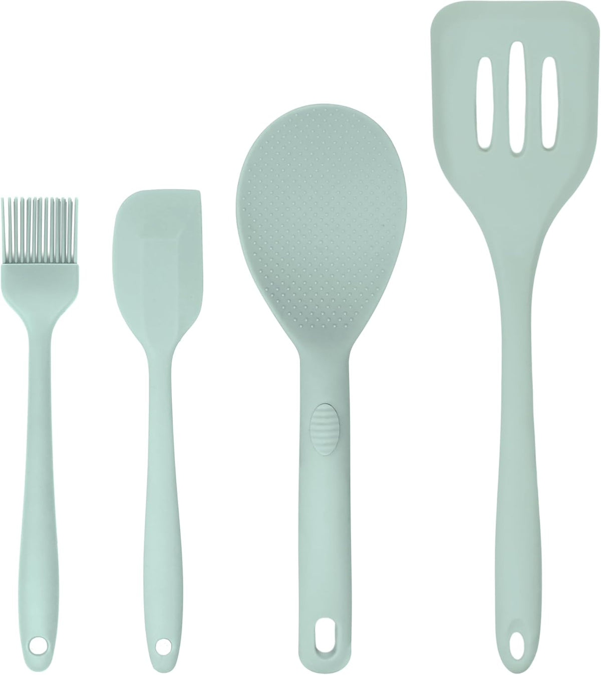 Silicone Utensils 4-Piece Set – Rubber Spatula, Pastry Brush, Slotted Turner, and Rice Paddle – Complete Heat-Resistant Set for Non-Stick Cookware – Kitchen Tools for Cooking and Baking – Pastel Green
