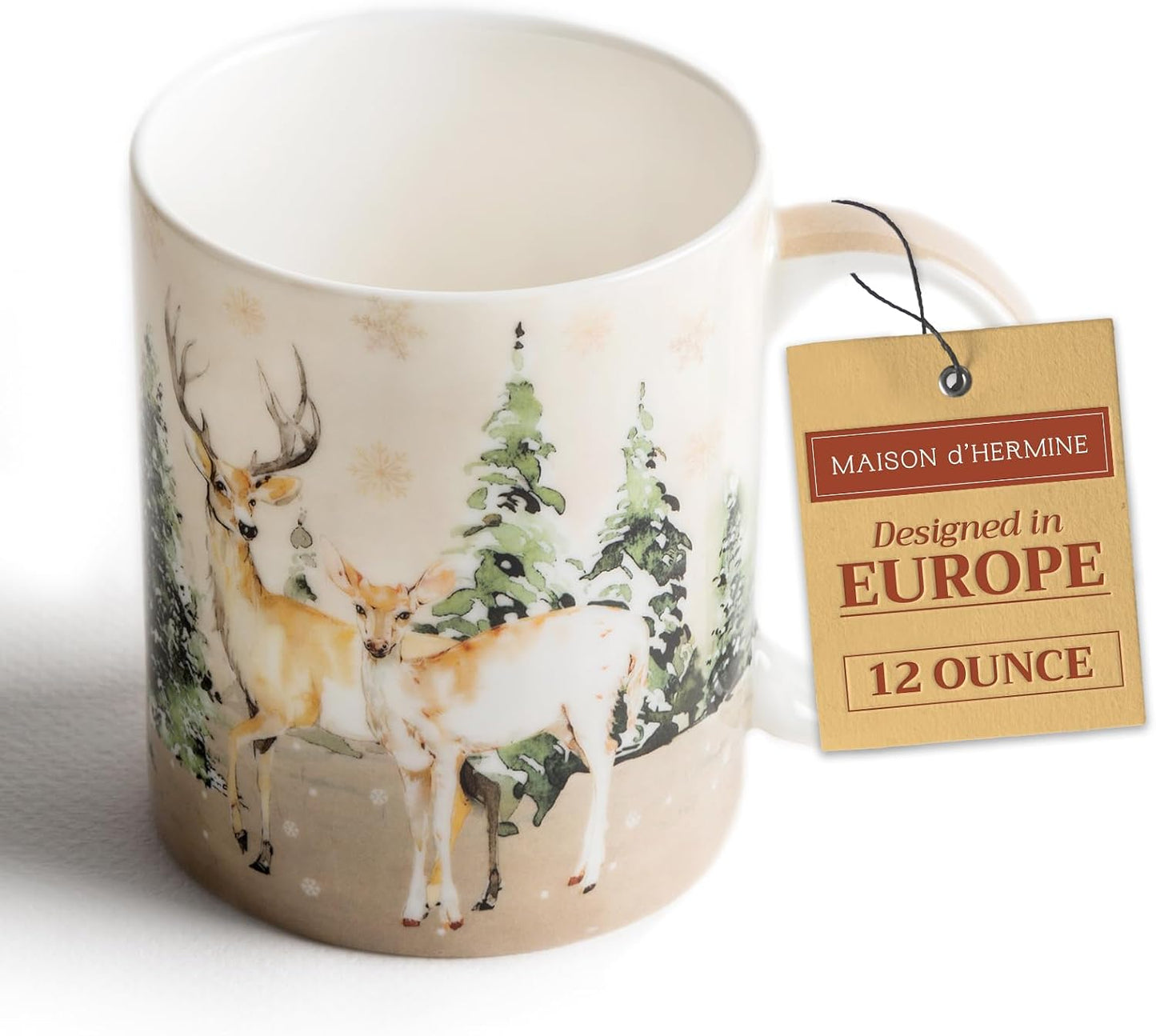 Maison d' Hermine Coffee Mug with Handles Tea Cups (12 Ounce, Pack of 1) | Fine Bone China Coffee Mugs for Hot Beverages Cappuccino Latte Home Hotel Spring Summer -Deer In The Woods - Forest Deer