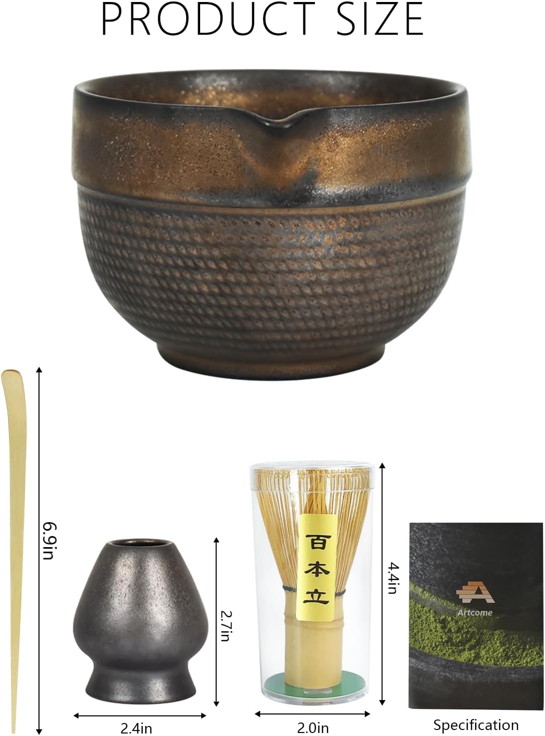Artcome Luxury Matcha Tea Set – 4-Piece Japanese Matcha Kit with Black Rustic Glazed Bowl & Spout, Bamboo Whisk, Holder, Scoop & Manual