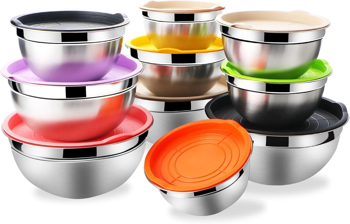 Lazycorner Mixing Bowls with Airtight Lids Set 5 Pcs Stainless Steel Bowls Set Baking Set Non-Slip Silicone Bottoms Great for Serving &amp; Baking