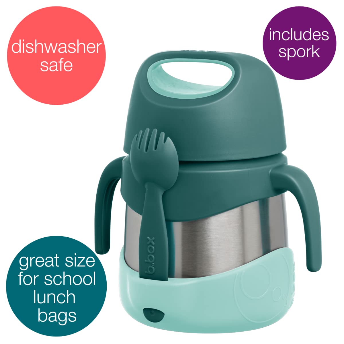 b.box Insulated Food Jar with Spork, 11 oz Lunch Containers for Kids | Stainless Steel Lunch Box for Kids, Food Containers, Warm 5 Hours, Easy Open, Dishwasher Safe, BPA Free — Emerald Forest