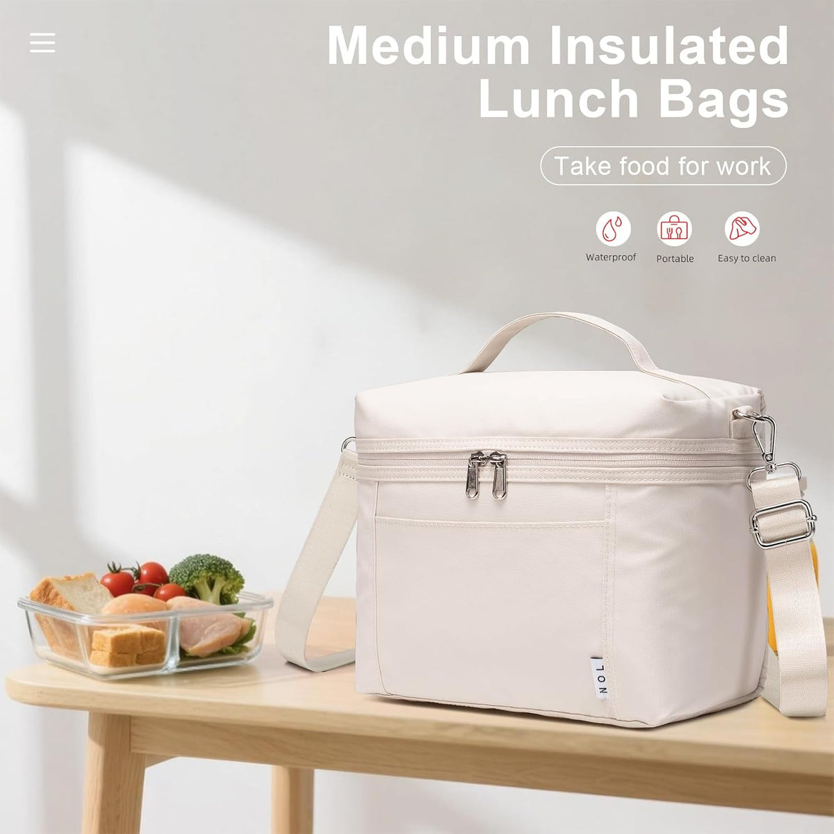 NOL 8L Insulated Lunch Bags for Women Cooler Bag Lightweight Nylon Waterproof Lunch Box For Work(Medium, Cream)