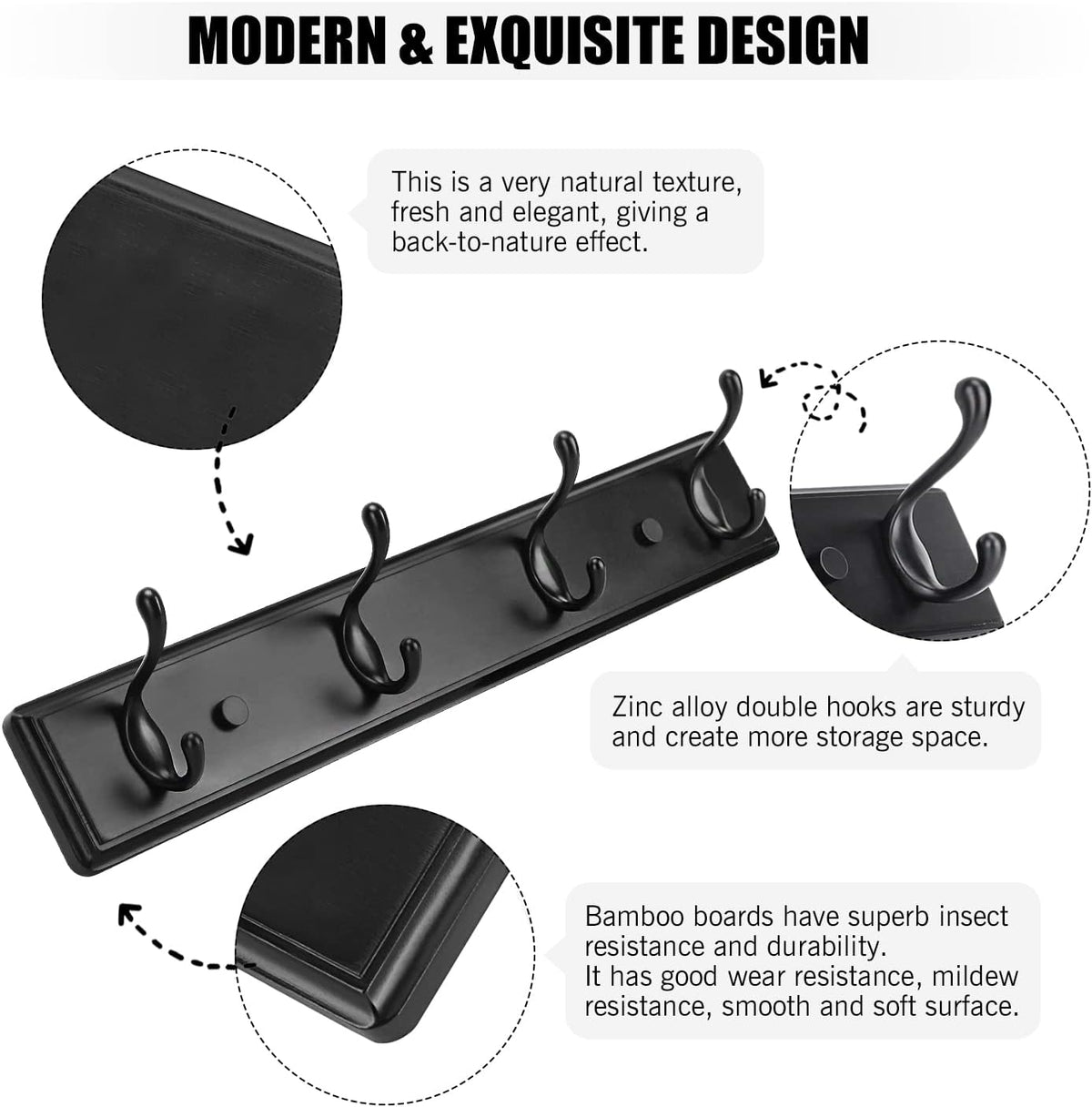 Badiano Heavy Duty Wooden Coat Rack, Wall-Mounted Organizer, 19 Inch, Black