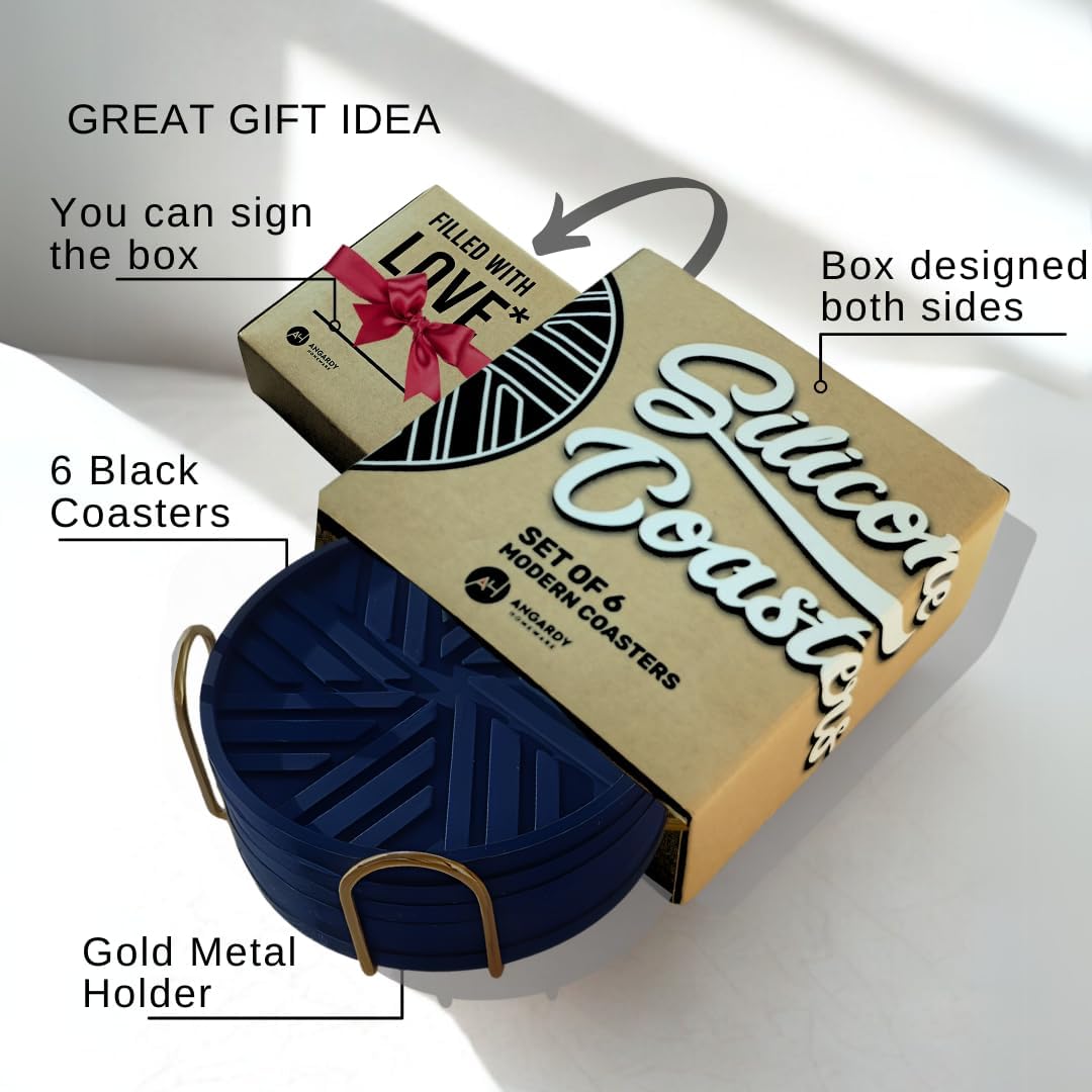 Navy Blue Coasters Set of 6 - Non-Slip Table Coasters for Drinks with Groove Patterns &amp; Gold Holder 4", 0.23"