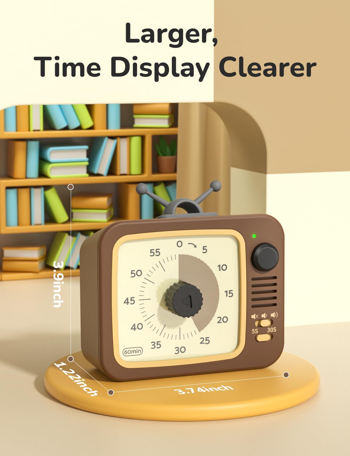 LIORQUE Visual Timer for Kids with Pause, 60 Minute Countdown Timer, Brown | Non-Ticking, 3 Volume Levels, Back Magnetic, Two Ringing Durations, Light Indicator, for Classroom Kitchen Office ADHD