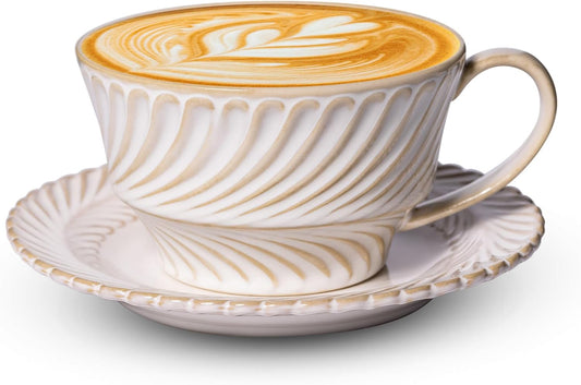 Ceramic Latte Cup with Saucer, 12 OZ Cappuccino Cup Vintage Cafe Art Cups for Espresso Turkish Coffee, Farmhouse Latte Mugs