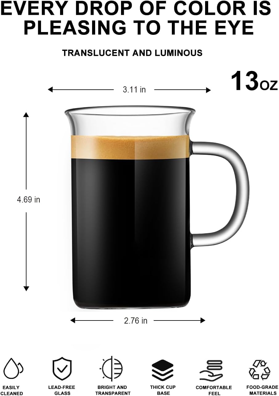 LUXU Glass Coffee Mugs, 13 oz Ice coffee cups,Clear Tea Cups Set of 4 | Heat Resistant and Explosion-Proof Glass Coffee Cups,Borosilicate Glass Mugs with Handles for Hot/Cold Beverages,Americano