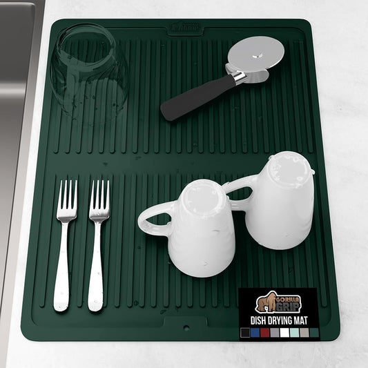 GORILLA GRIP 100% BPA-Free Silicone Dish Drying Mat for Kitchen Counter, 18x16, Quick Dry, Water Catching Ribbed Design,