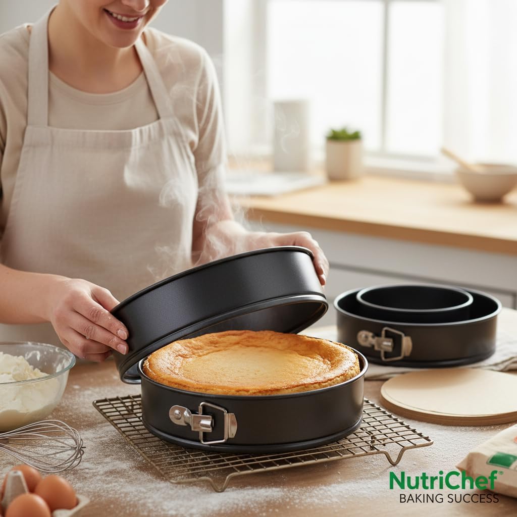 Nutrichef 3-Piece Nonstick Springform Pan Set - Premium Carbon Steel Cheesecake Pans with Stainless Steel Clasp - 6", 8", 10" Sizes, Oven Safe up to 450°F - Includes 300pcs Parchment Paper (Black)