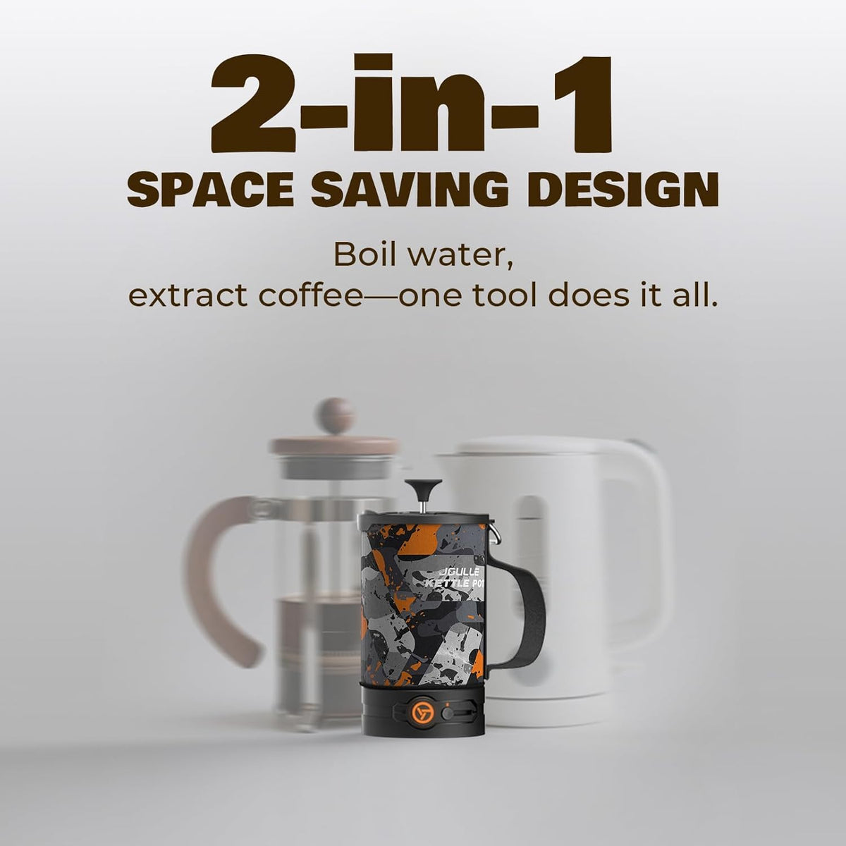 Portable Camping Coffee Maker, Electric French Press, Travel Kettle, 120V | 2-in-1 coffee maker and electric kettle for camping, travel and RV use; 16 oz capacity and 6-minute French press brewing.