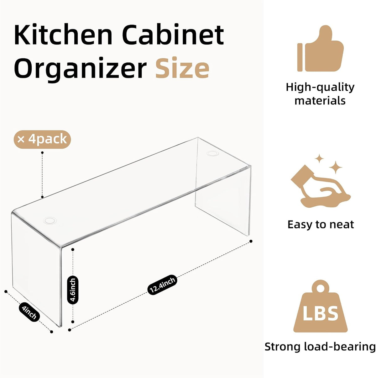 4 Packs Cabinet Organizer Shelf, Acrylic Kitchen Counter Shelves Organizer, Spice Rack for Dishes, Spices, Soda Cans and Bottles（12.4 x 4 x 4.6 inch）