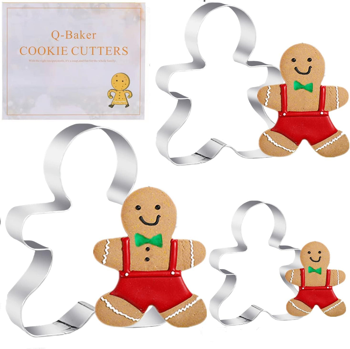 3PCS Gingerbread Man Cookie Cutters, 5.12" 4.34" 3.42" Large Christmas Cookie Molds -Stainless Steel Holiday Biscut Cutter Shapes for Baking Gift