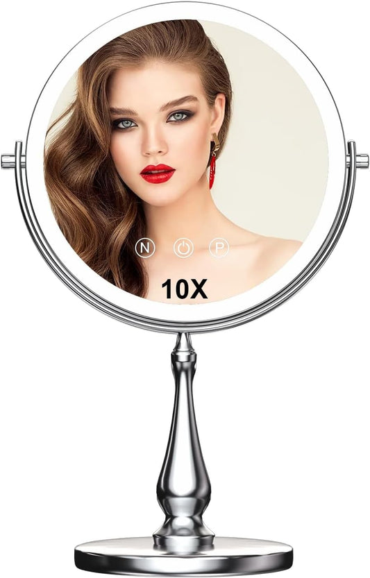 9" Large Lighted Makeup Mirror, 1X/10X Magnifying Vanity Mirror with 3 Colors Dimmable Lightning, 80 LED Lights,