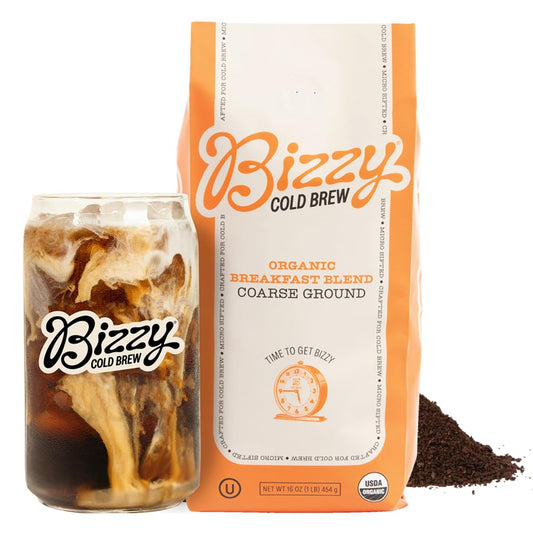 Bizzy Organic Cold Brew Coffee | Breakfast Blend | Coarse Ground Coffee | Medium-Light Roast | Micro Sifted | Specialty