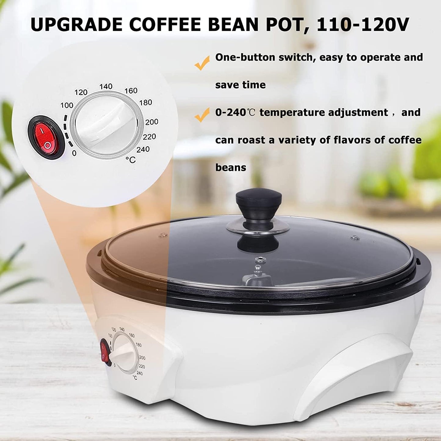 JIAWANSHUN Electric Coffee Bean Roaster, 1.1lb, 0-240℃ | 1200W, 110V, Non-stick, Home use, Beginner Friendly, Temp Control, Easy Clean