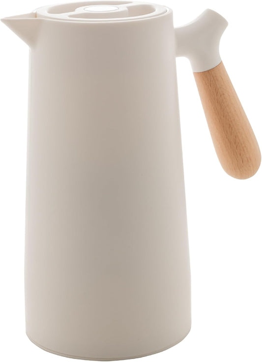 WOLFF - White Thermal Coffee Carafe – 34oz / 1L Insulated Carafe - Food-Safe Plastic Exterior and Glass Liner, Wood-Style