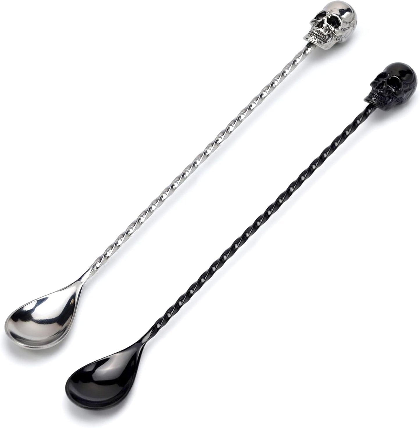 Homestia 12'' Gothic Skull Bar Spoon, Long Cocktail Mixing Spoon, Set of 2 | Dirty Soda Bar Supplies, Stainless Steel Coffee Bar Accessories, Halloween Drink Stirrers, Long Spiral Stirring Spoon