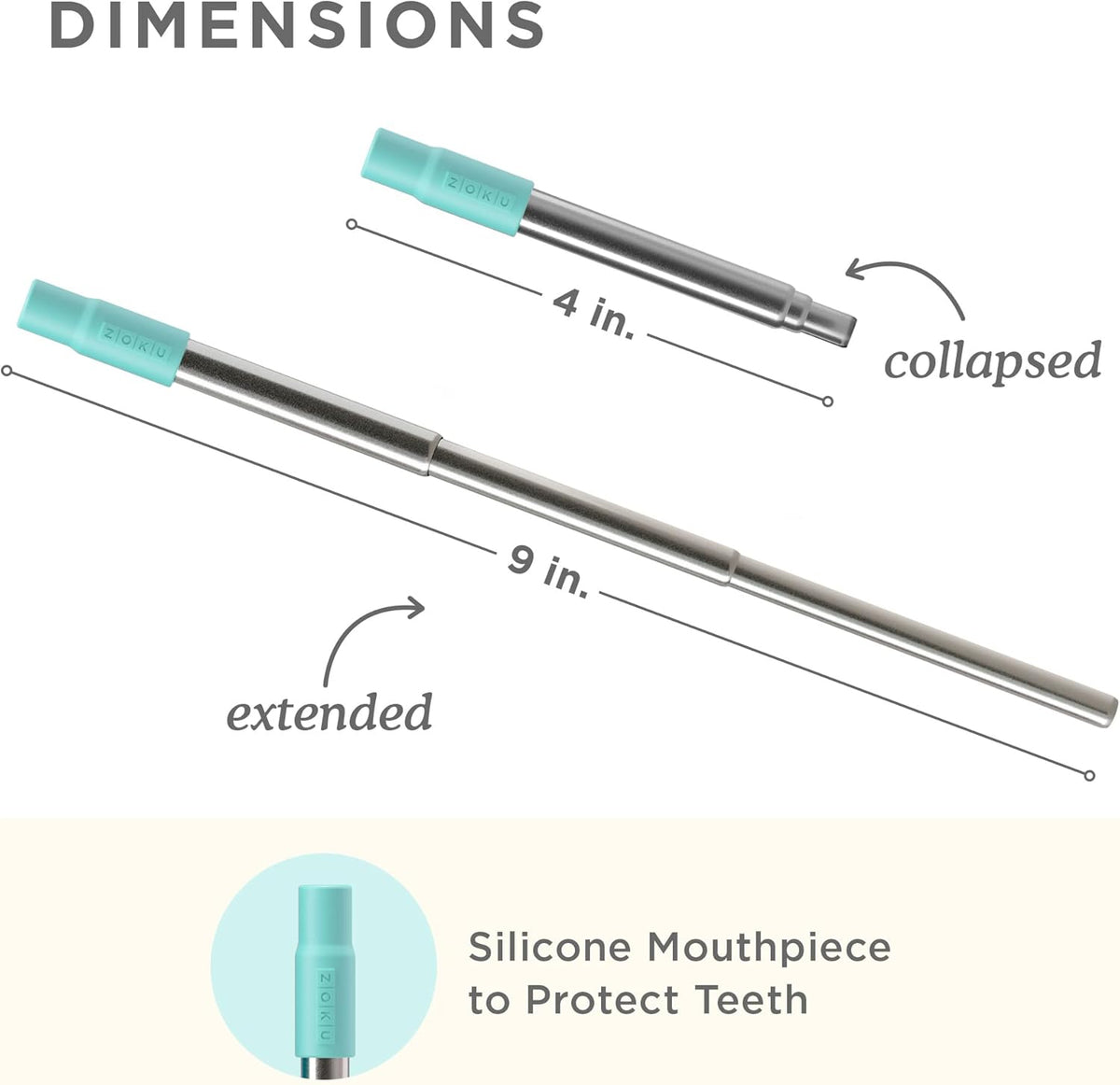 ZOKU Reusable Metal Straw with Case for Travel, Teal - Collapsible Stainless Steel Drinking Straw with Silicone Tip and Cleaner Brush, Ideal for Key Chains, Pockets, Purses