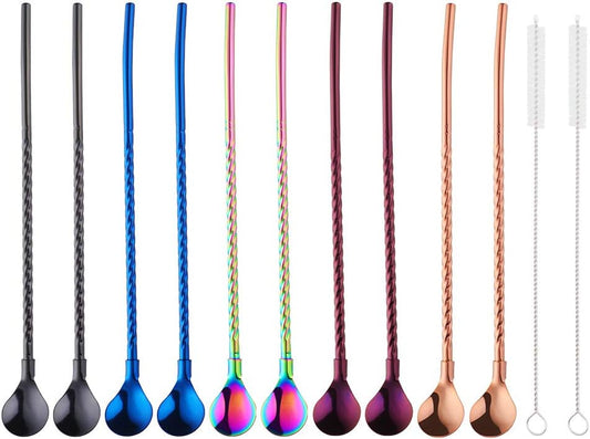 10 pcs Metal Straw Spoons with 2 Cleaning Brushes, Reusable Drinking Spoon Straws for Iced coffee, Iced tea, Milkshake,