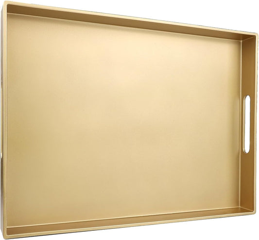 Gold Serving Tray for Coffee Table, Rectangular Plastic Decorative Tray with Handles for Entertaining, Outdoor Patio, Living