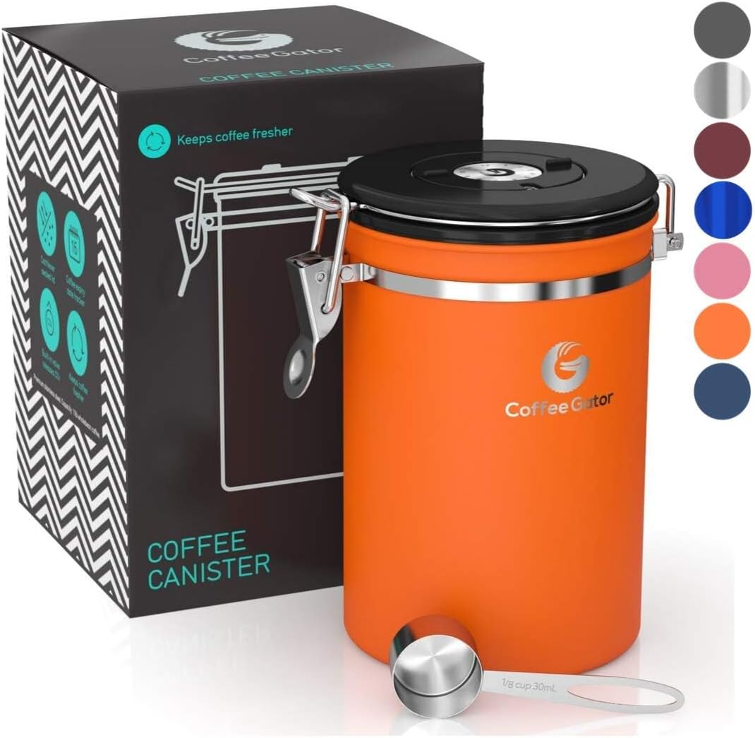 Coffee Gator Coffee Canister, 22oz Airtight Stainless Steel Kitchen Food Storage Container with Date Tracker, Scoop for Sugar, Grounds Coffee, Beans, Tea, Sugar, Cereal, Flour, Cookies Jars - Orange