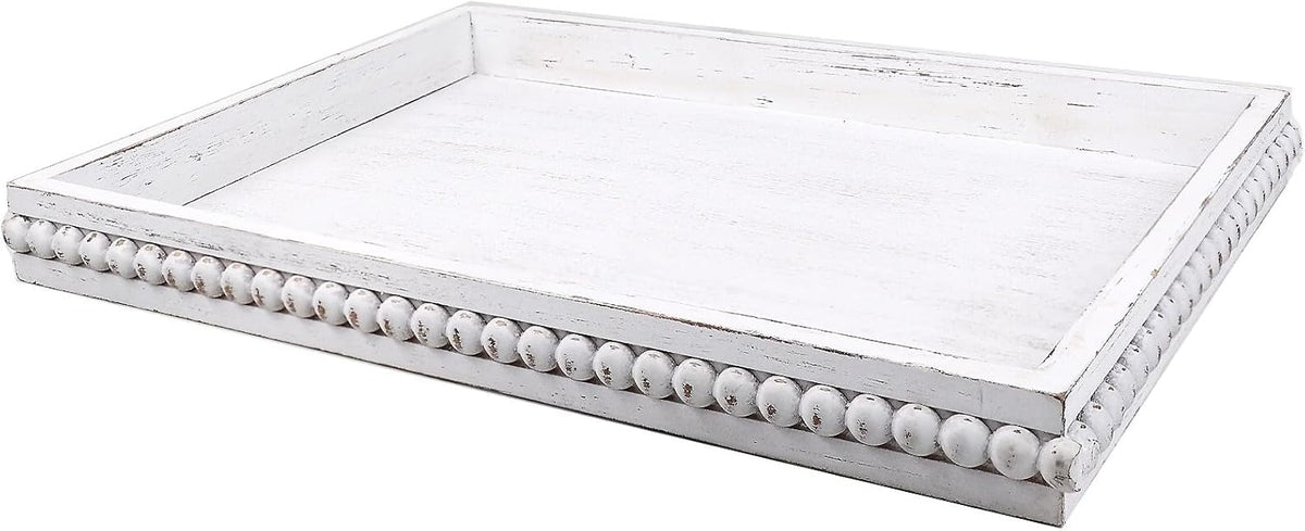 Hrastany Wood Decorative Coffee Table Serving Tray, Farmhouse Rectangular Tray with Wooden Bead for Ottoman, Entertaining, Home Decor, 15.7”*11.8”*1.57” (Whitewashed)