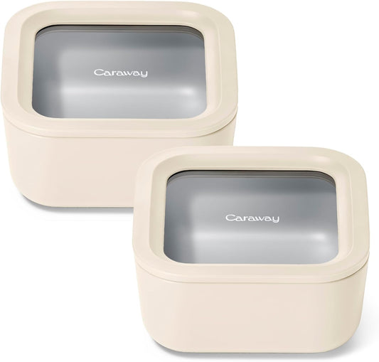 Caraway 2pc Glass Food Storage Set - 4.4 Cup Food Containers (2) - Ceramic Coated - Non Toxic, Non Stick Lunch with Lids -